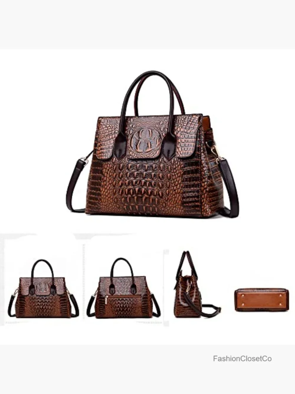 Faux Leather Embossed Crocodile Pattern Satchel Handbag with Detachable Strap